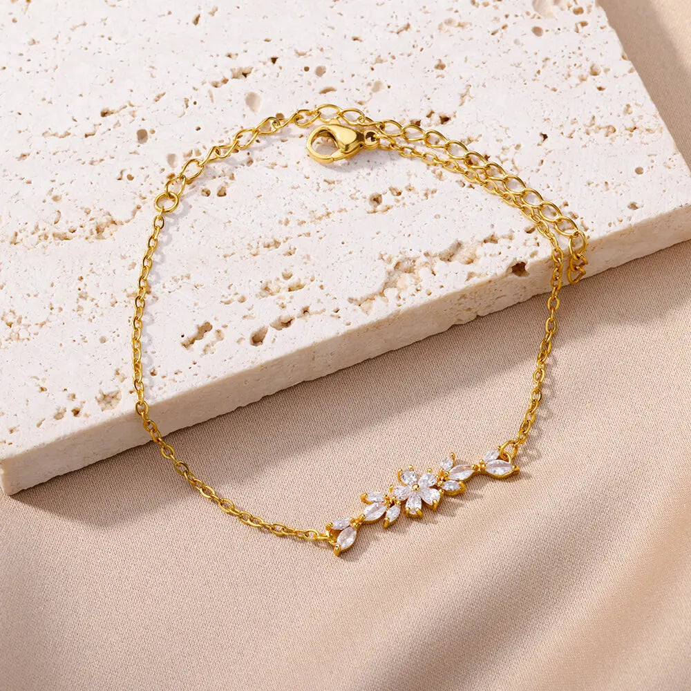 Charm Zircon Flowers Bracelet For Women Gold Color Stainless Steel Bracelets 2024 Trend Luxury Wedding Jewelry Gifts pulsera
