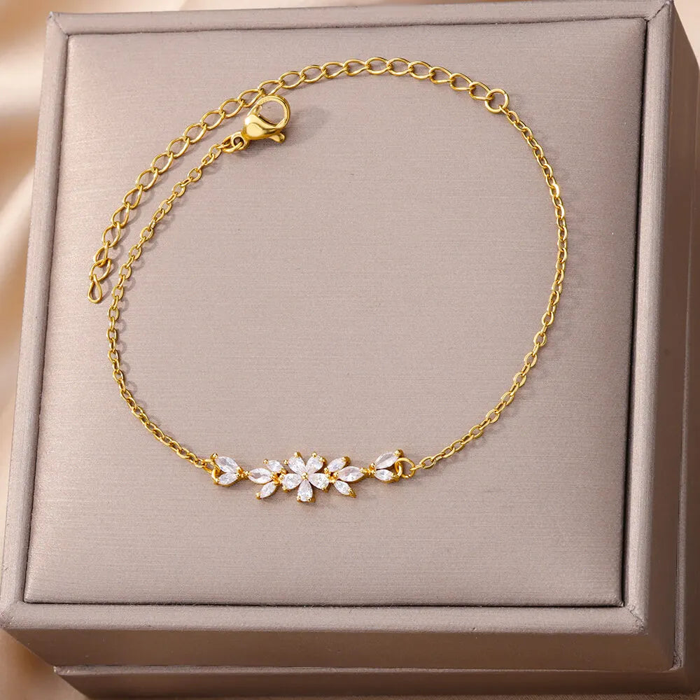 Charm Zircon Flowers Bracelet For Women Gold Color Stainless Steel Bracelets 2024 Trend Luxury Wedding Jewelry Gifts pulsera