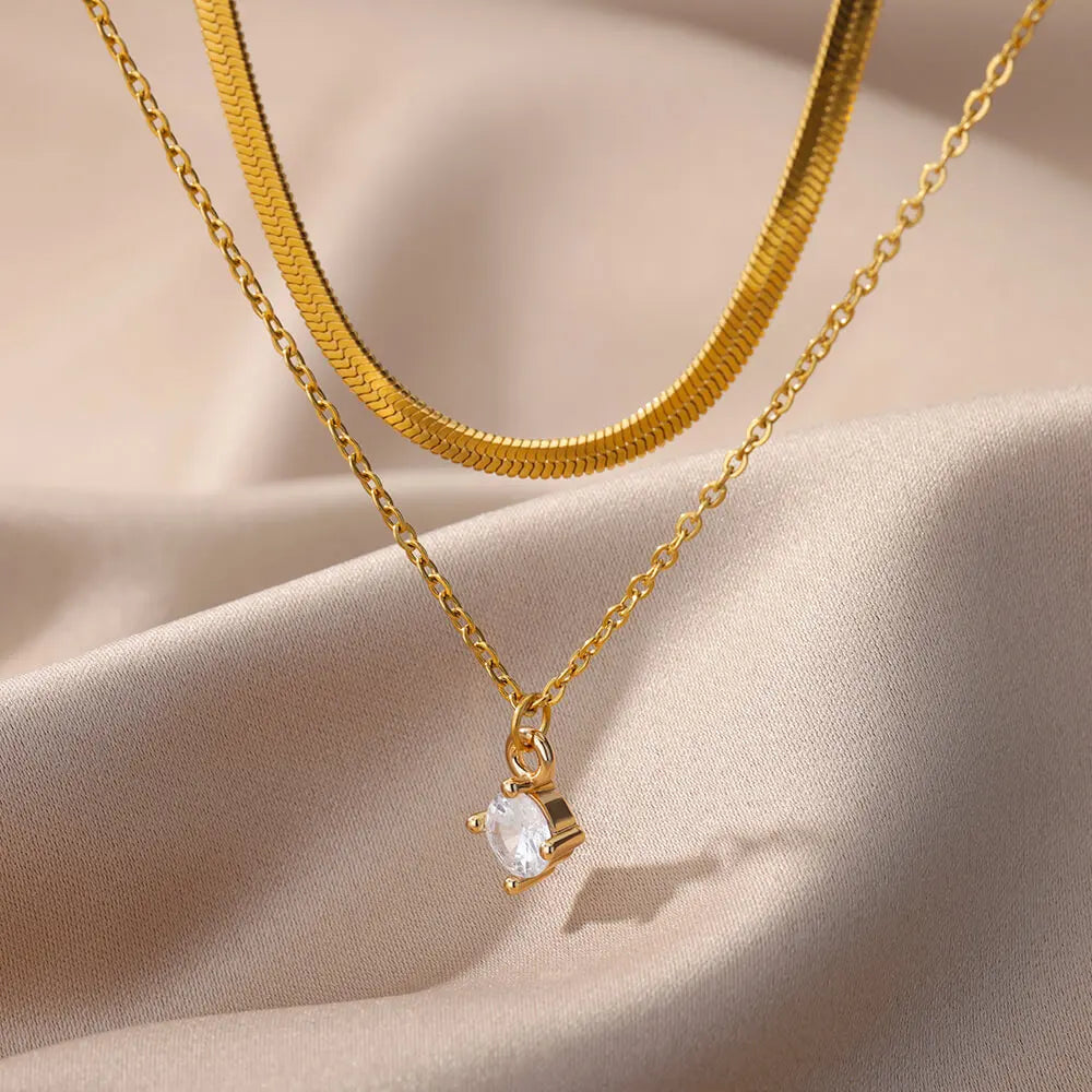 Crystal Zircon Stone Round Pendant NecklaceS for Women Stainless Steel Vintage Multilayer Charm 2024 New Wedding Jewelry Gift