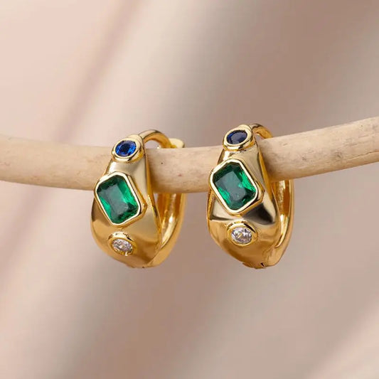 Geometric Green Zircon Earrings For Women Stainless Steel Couple Hoop Piercing Earring Wedding Jewelry Accessories Gift aretes