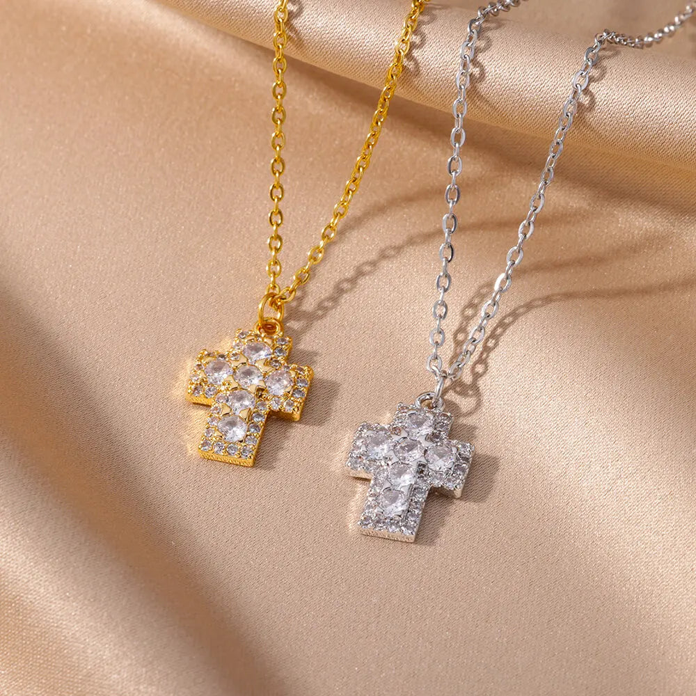 Gothic Zircon Cross Necklaces for Women Stainless Steel Punk Clavicle Chain Choker 2024 Religion Aesthetic Jewelry