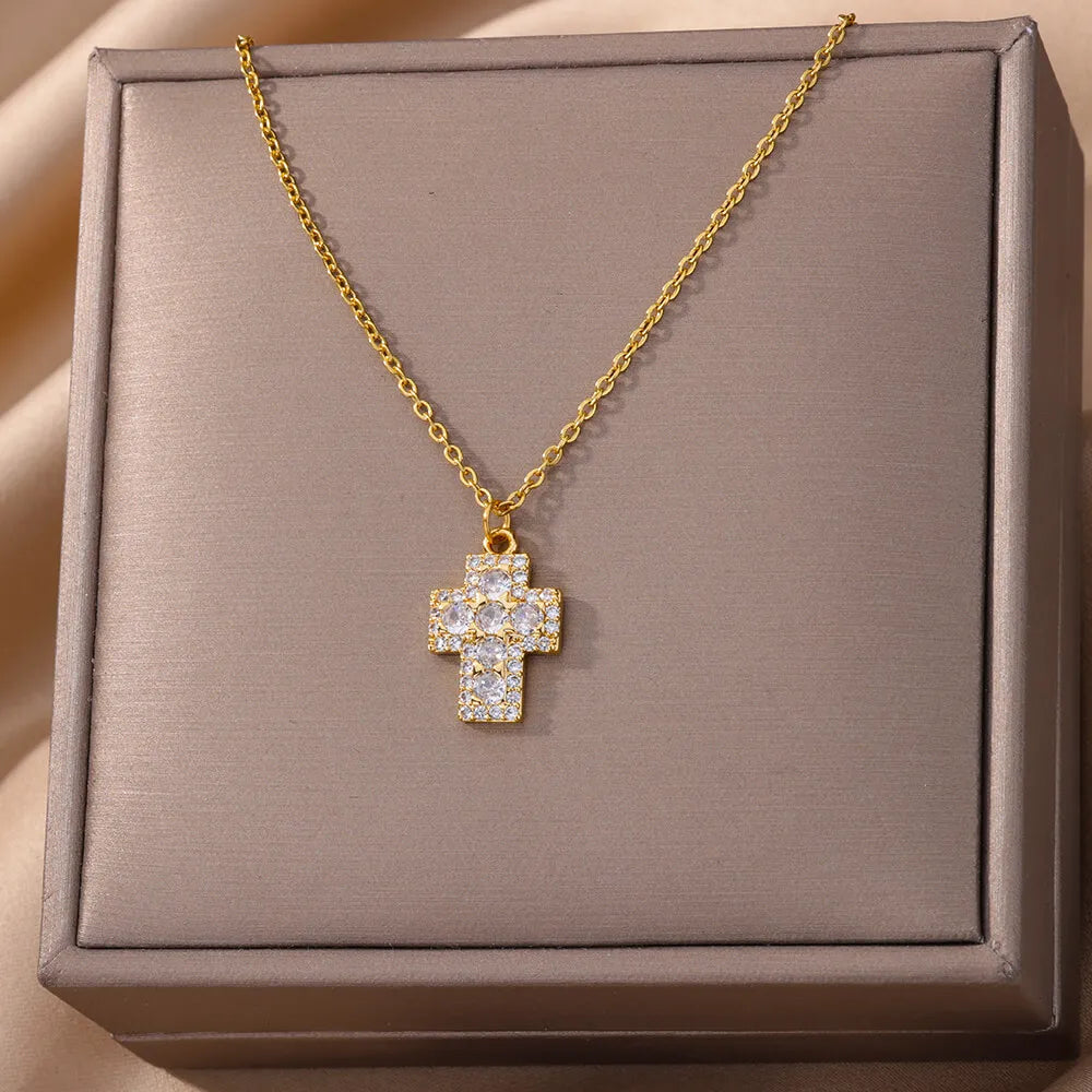 Gothic Zircon Cross Necklaces for Women Stainless Steel Punk Clavicle Chain Choker 2024 Religion Aesthetic Jewelry