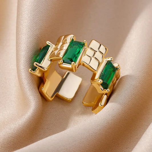 Green Geometric Zircon Ring for Women Stainless Steel Square Luxury Rhinestone Crystal Ring 2024 New Jewelry anillos