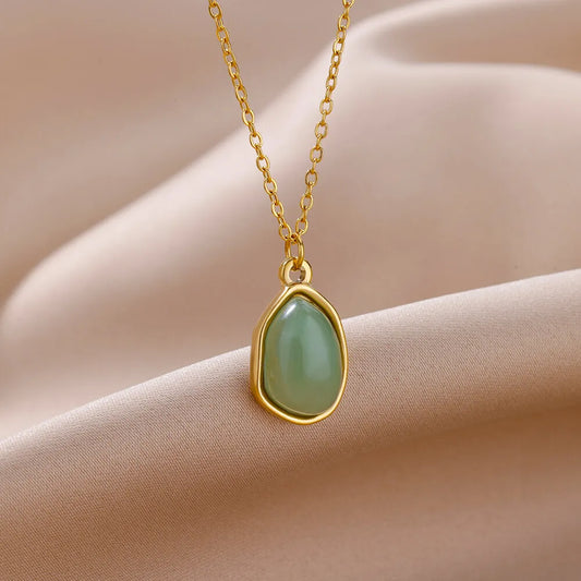 Oval Opal Pendant Necklace For Women Stainless Steel Gold Color Chain Collar Cute Lucky Jewelry Birthday Gift New Free Shipping
