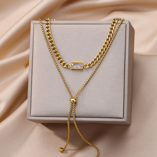 Stainless Steel Square Crystal Zircon Necklaces For Women Multilayer Adjustable Chain Choker Necklace Wedding Jewelry Gift 2023
