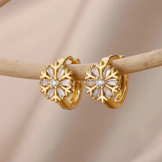 Zircon Snowflake Hoop Earrings For Women Stainless Steel Flower Piercing Earring 2023 Trend Luxury Aesthetic Jewelry